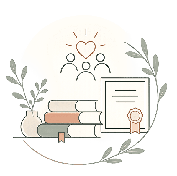 Illustration of books and a certificate to indicate the qualifications that Carmen has.