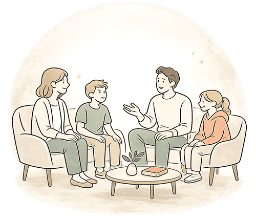 Illustration of a family group communicating together
