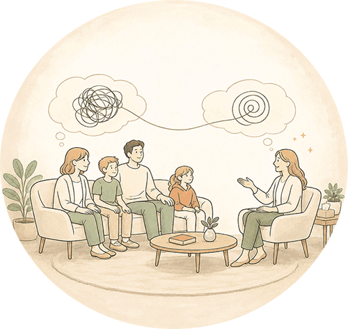 Illustration of a family having a counselling session with a family therapist.